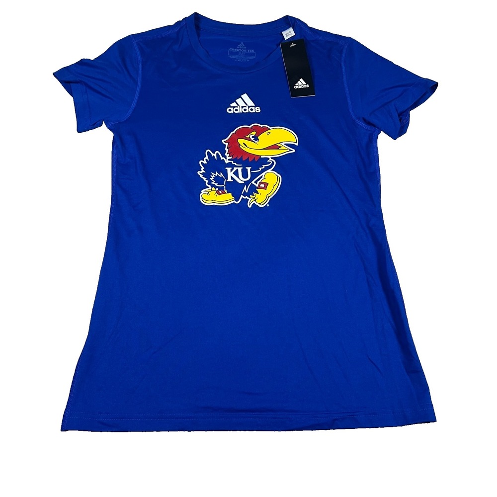Adidas Womens S Blue NCAA Kansas Jayhawks KU Climalite Creator Tee Shirt NWT